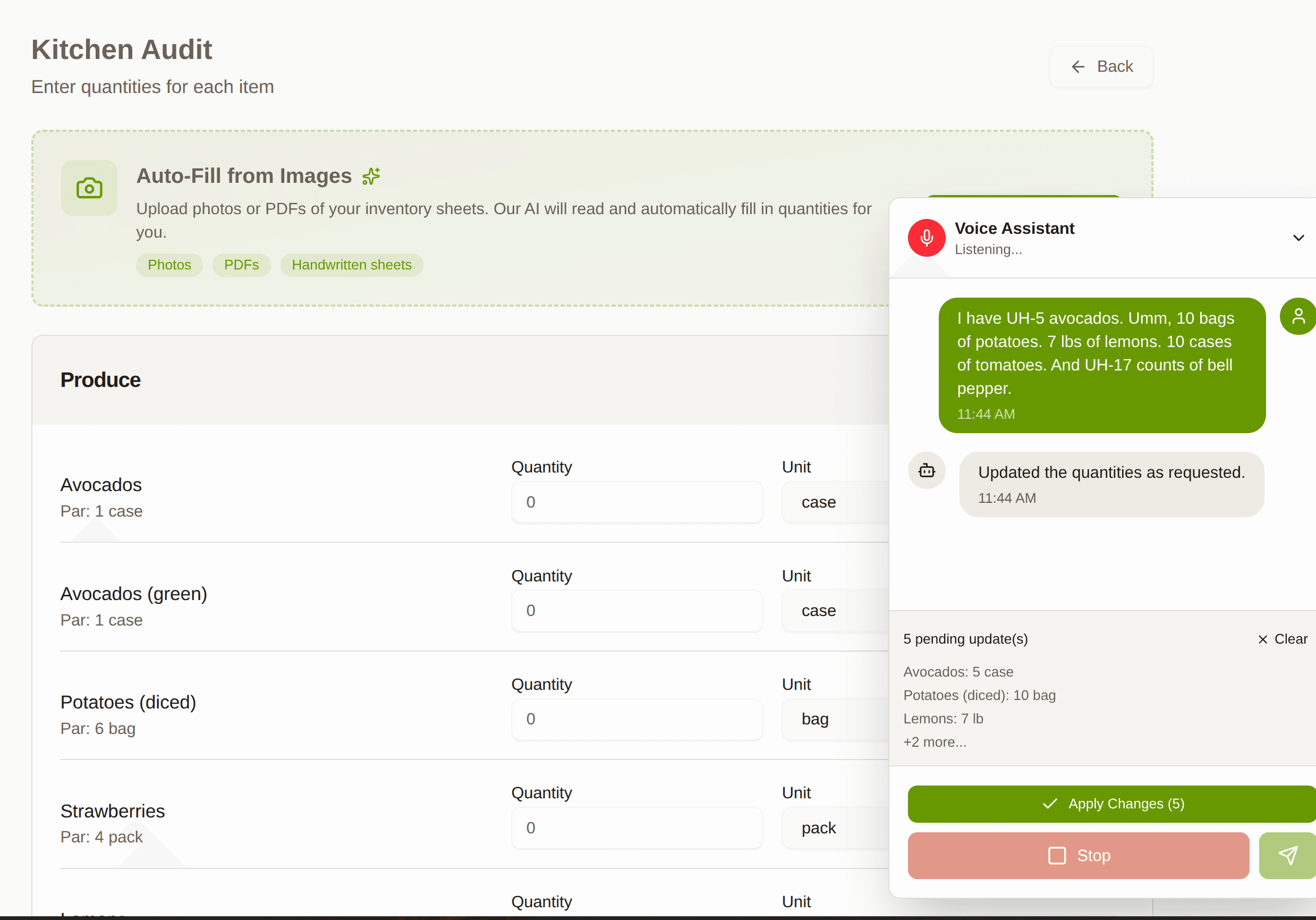 Voice Assistant listening and auto-filling inventory quantities